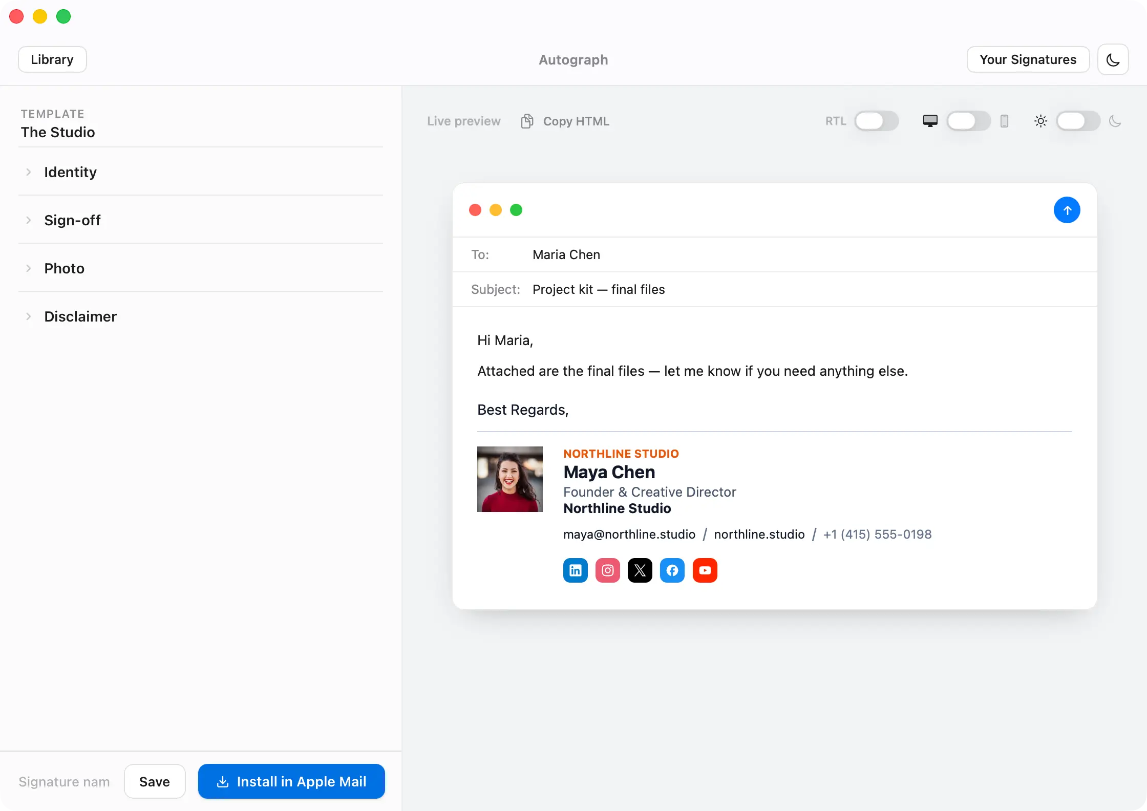 Autograph email signature editor for Apple Mail on macOS, showing the Studio template with a live signature preview, template controls, and an Install in Apple Mail button