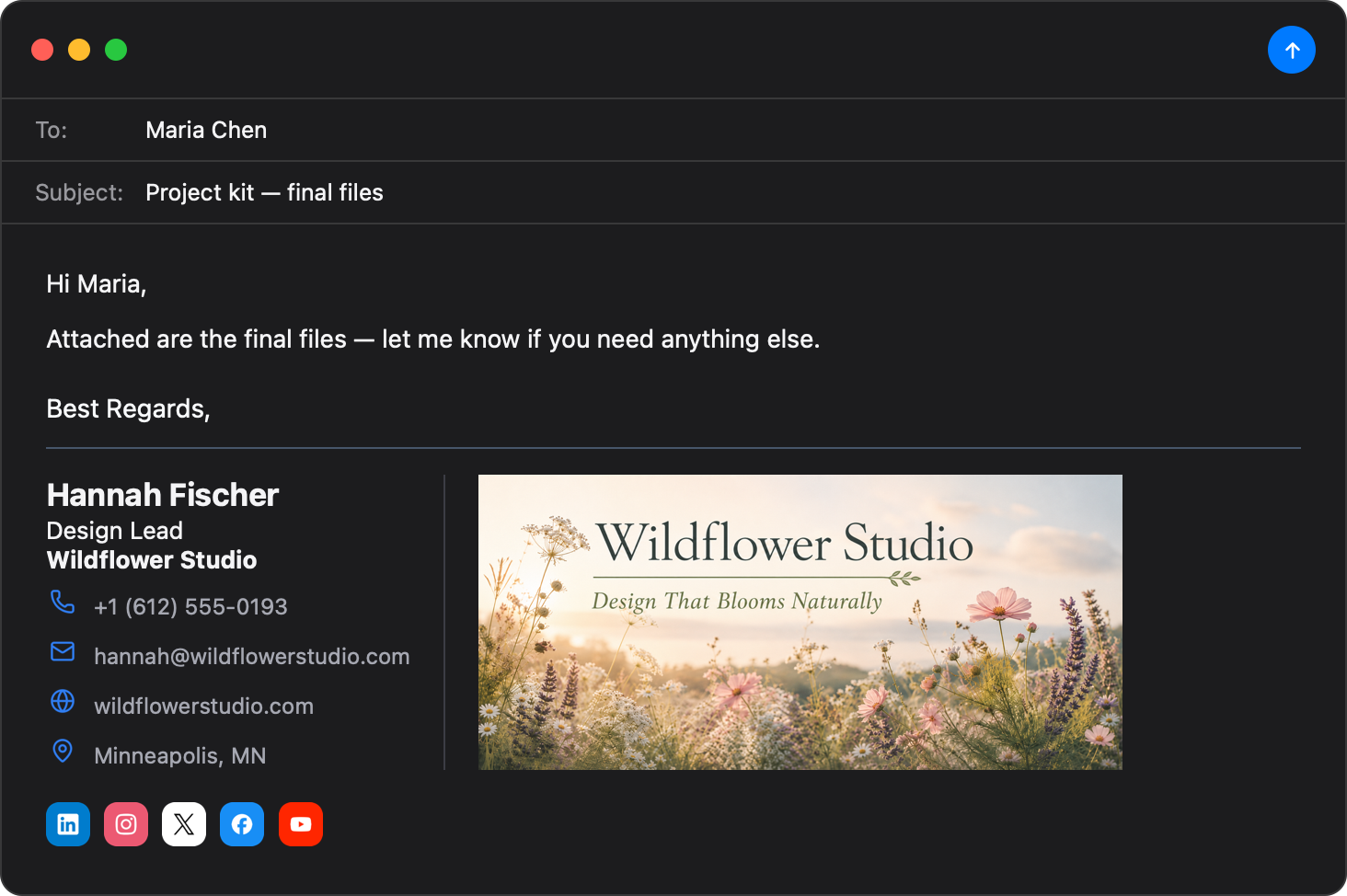 Promo banner Apple Mail email signature template — dark mode