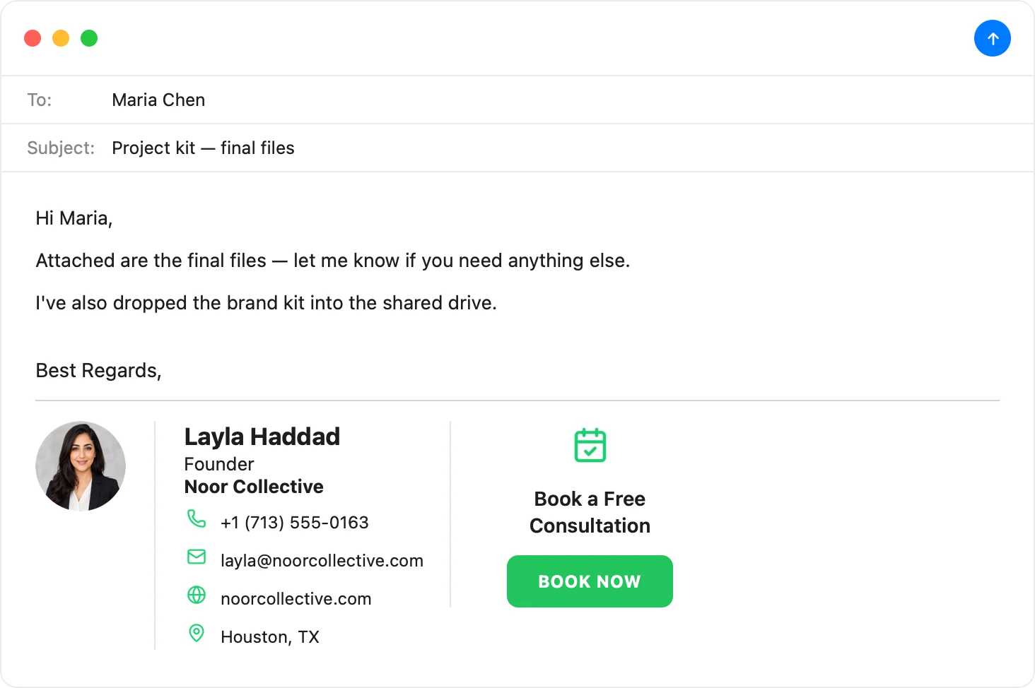 Call-to-action email signature example with booking button