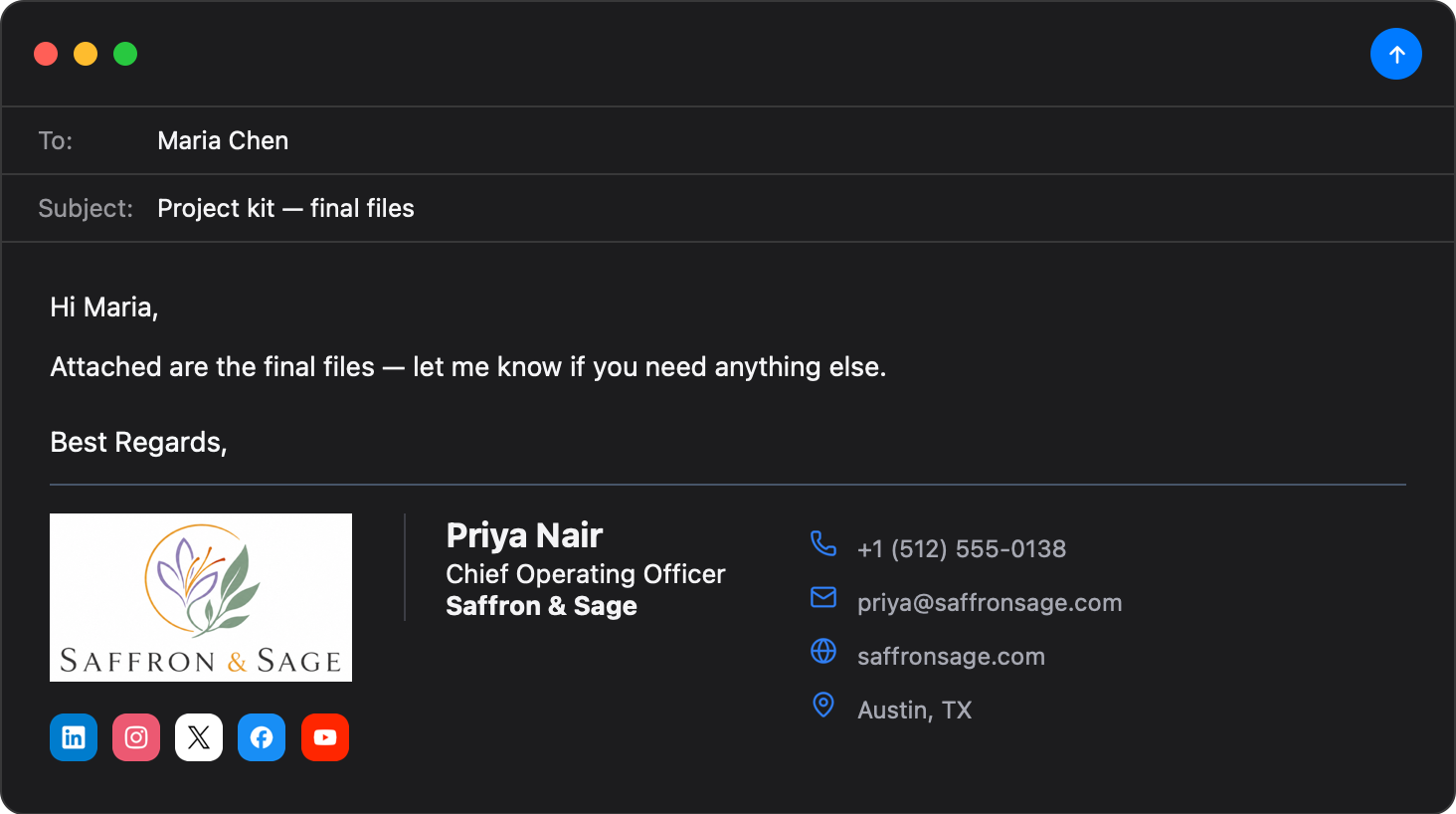 Corporate Apple Mail email signature template — dark mode