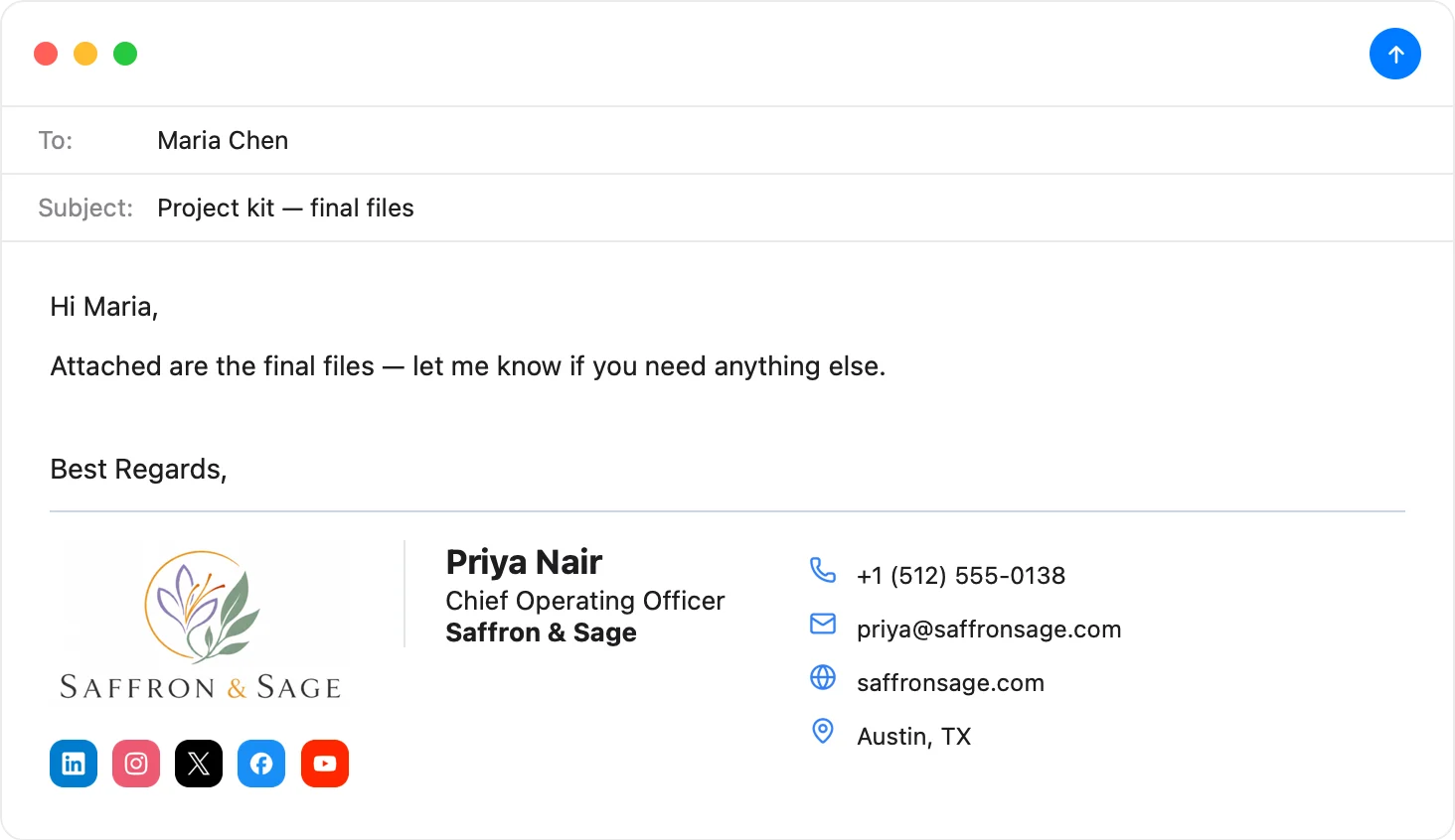 Financial advisor email signature with credentials, firm name and a compliance disclosure line