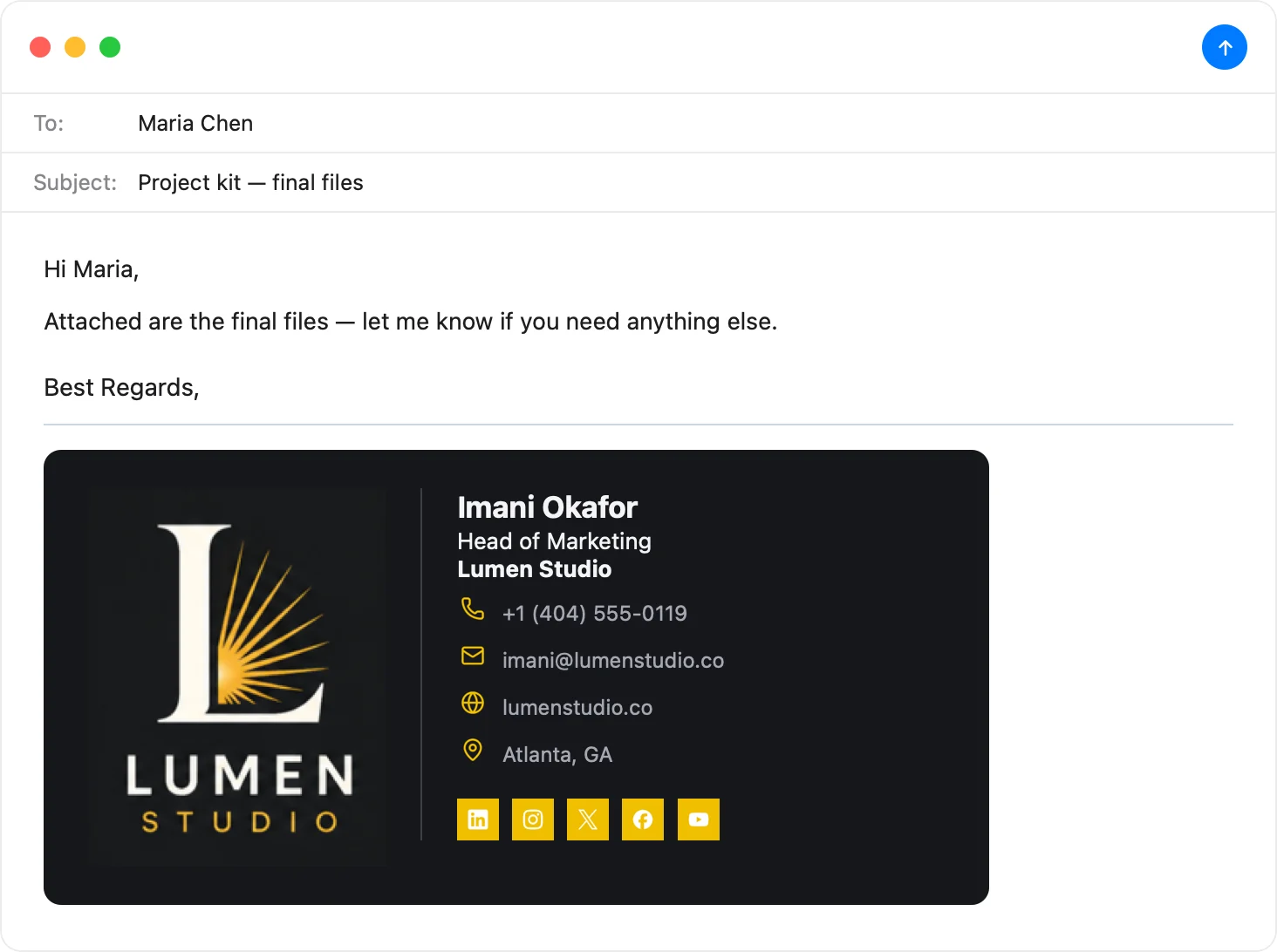 Photographer email signature with wordmark, portfolio link and social icons