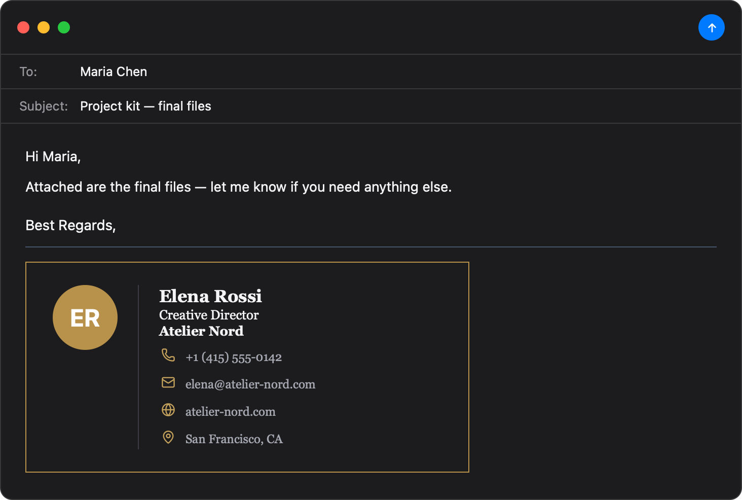 Elegant Apple Mail email signature template — dark mode
