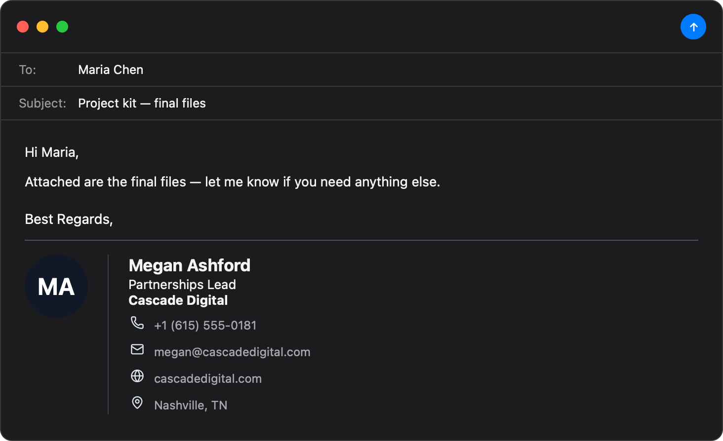 Minimal Apple Mail email signature template — dark mode