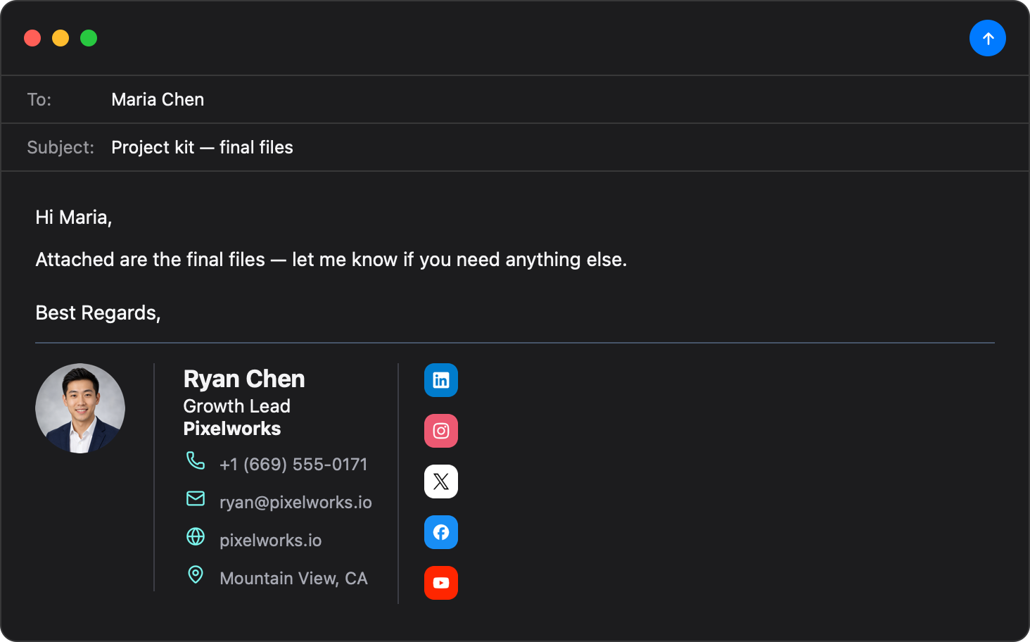 Modern icons Apple Mail email signature template — dark mode