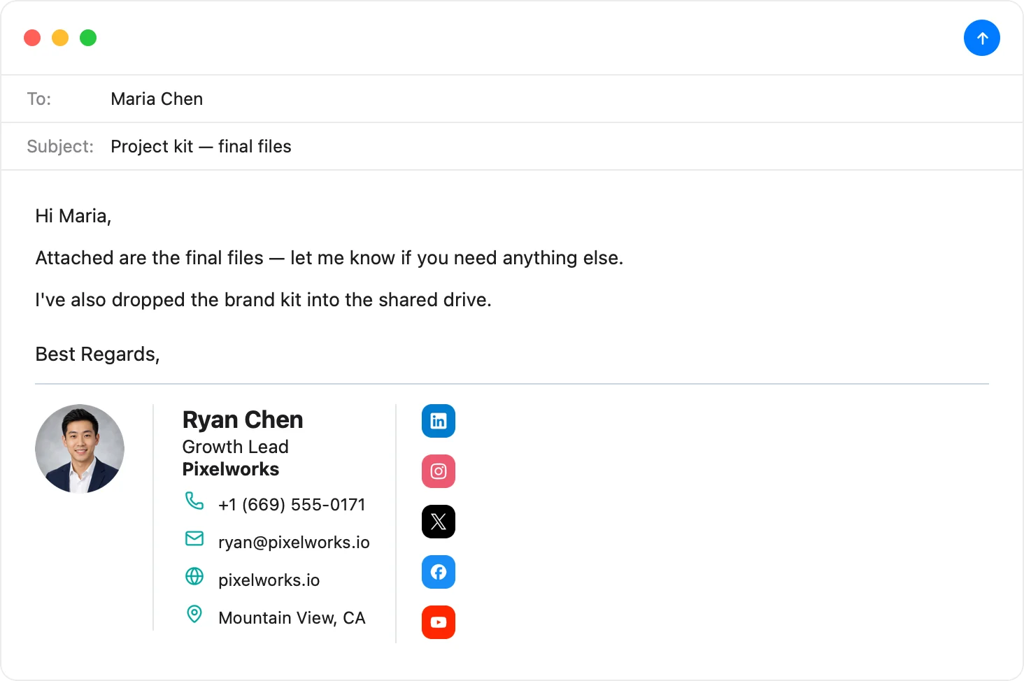 Consultant email signature with headshot, positioning line, and a book-a-call button