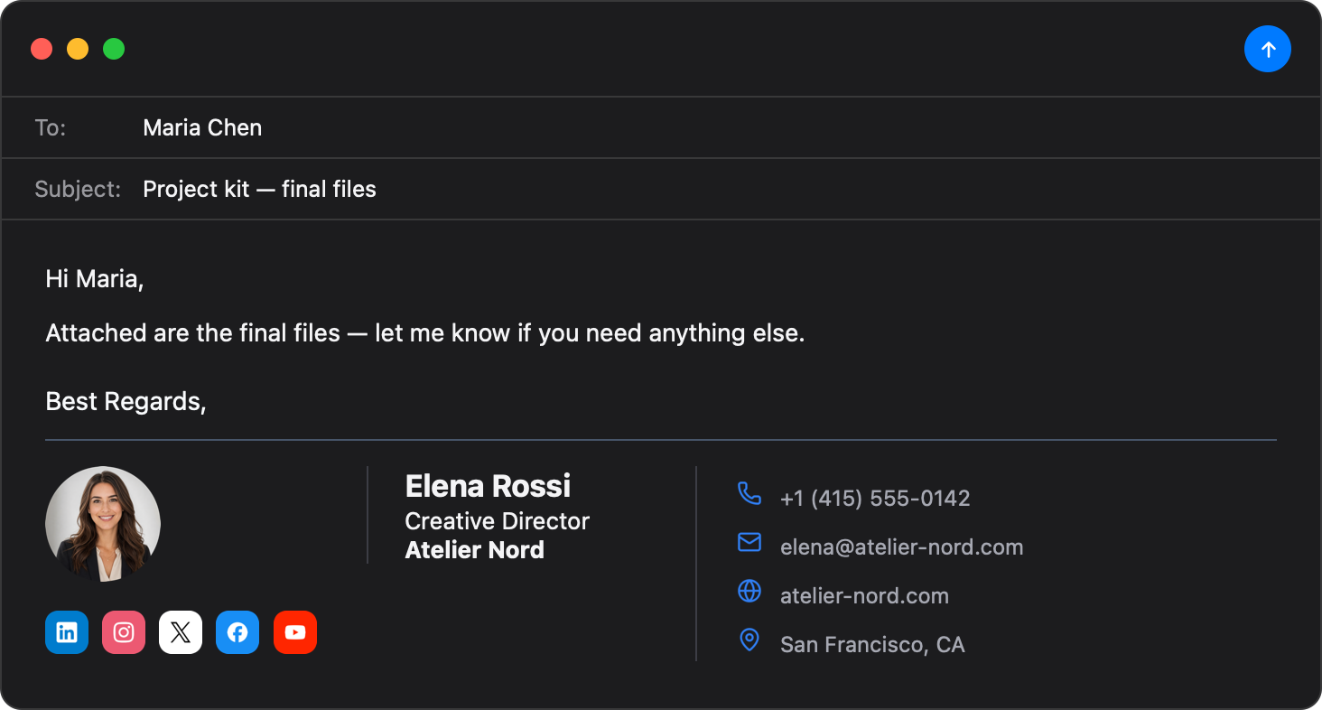 With photo Apple Mail email signature template — dark mode