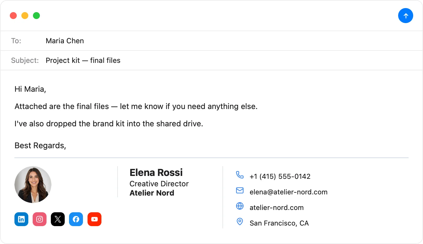 Example of a professional email signature with photo, contact details and social icons